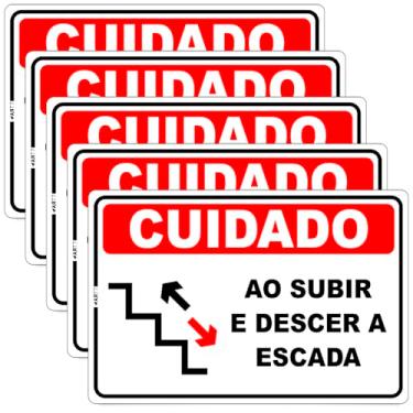 Imagem de Placa de Sinalização Cuidado ao Subir e Descer a Escada, PS 1mm, Impressão UV Digital, 30x20 cm, Preto Vermelho e Branco, com Fita Dupla Face (5)