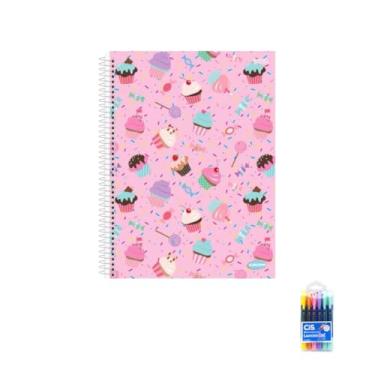 Imagem de Kit Caderno Feminino 10 Matérias Capa Dura 200 Folhas + Caneta Esferográfica Spiro 0.7mm + Marca Texto Lumini Gel 6 Cores