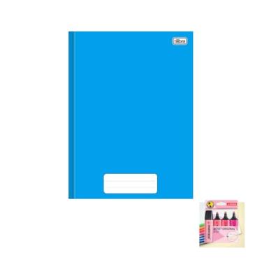 Imagem de Kit Caderno Brochura Capa Dura Azul 80 Folhas + Caneta Esferográfica 0.7mm Pote 24 Unidades + Marca Texto Boss 4 Cores
