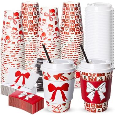 Imagem de Lallisa Conjunto de 50 xícaras de café descartáveis com tampas, canudos e mangas 340 g Copos de café cereja de papel para festa, bebidas quentes e frias, Natal, casamento, despedida de solteira