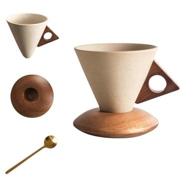 Imagem de 250 ml - Caneca de café de cerâmica retrô, conjunto de xícaras de café de cone criativo para mulheres elegante pequeno - Cabo e porta-copos de madeira maciça - Adequado para uso em casa, restaurante
