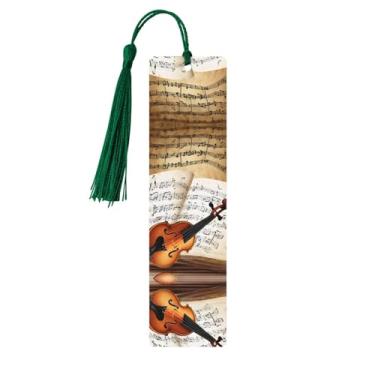 Imagem de Borboleta e violoncelo – Conjunto de 5 peças de madeira com borlas, madeira natural para livros e diários, presente para amantes de livros.