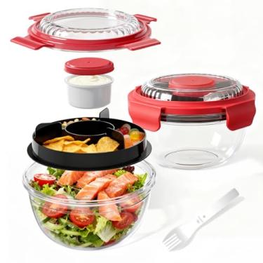 Imagem de WHALEHOUSE Pacote com 2 recipientes de salada ECOZEN transparentes e ecológicos SK chemicals ECOZEN, tigelas de salada de plástico portáteis com tampa, recipiente de molho à prova de vazamento