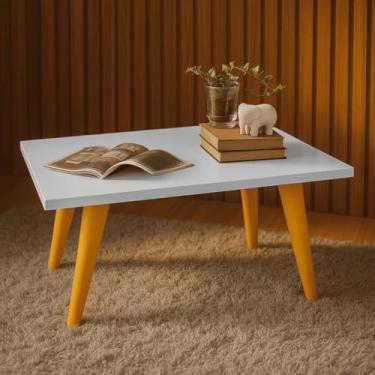 Imagem de Mesa de centro retangular retrô, com pés em formato de fuso de PVC cor caramelo, ideal para decoração moderna de salas de estar com sofá(Branco)