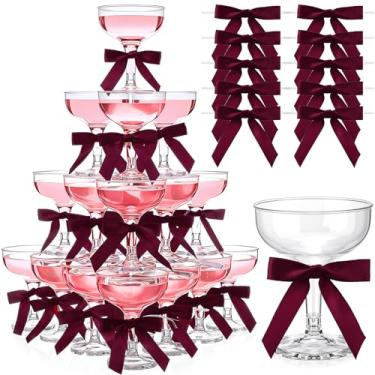 Imagem de Zopeal 50 peças de copos de martini de plástico de Natal de 142 g, taças de champanhe Margarita com laço de 7 cm para aniversário, solteiro, bar, festa de casamento, torre de champanhe (Claret)