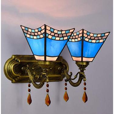 Imagem de Luminária de parede de 2 braços estilo Tiffany, com cúpula de vitral vintage, arandela de parede para interiores, ideal para quarto, sala de estar e corredor, soquete E27, estilo mediterrâne