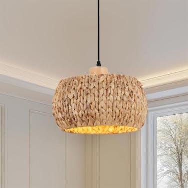 Imagem de Luminária pendente de rattan estilo boho para ilha de cozinha, soquete E27. Luminária de teto embutida de vime trançado à mão. Lustre de rattan natural estilo costeiro para sala de jantar, q