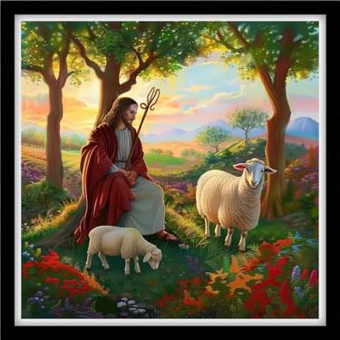 Imagem de DMCVIVR Kits de ponto cruz estampado para iniciantes e adultos, kits de bordado para iniciantes, kit de bordado para adultos, kit cruzado para iniciantes, 11 quilate - Jesus o pastor 45,7 x 45,7 cm