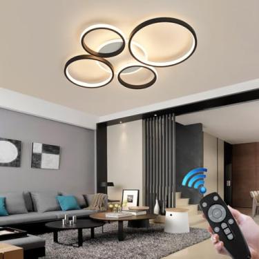 Imagem de Luminária de teto LED moderna para sala de estar, com 6 anéis, preta, redonda, em metal, para quarto, com temperatura de cor de 3000K a 6500K, controle remoto e dimerização, ideal para resta