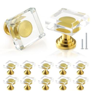 Imagem de POZEAN Puxadores de gaveta de armário de vidro cristal, pacote com 12 puxadores de cômoda de cristal dourado, alças quadradas de 3,5 cm com parafusos para armário de cozinha moderno, quarto e banheiro