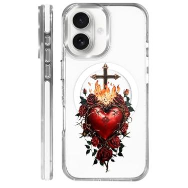 Imagem de MQJCYB Capa Magnética para iPhone 16 Design em Base Transparente, Compatível com MagSafe, Capa Protetora Fina de TPU Macio Capa de Telefone Mulheres Meninas - Sagrado Coração Cristão Jesus