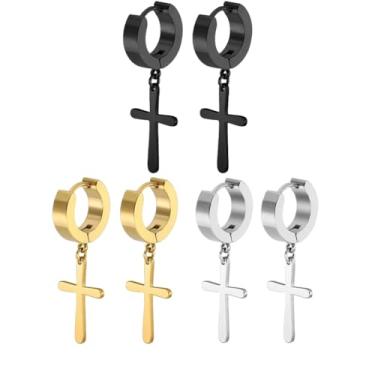 Imagem de 3 peças de brincos cruzados nas costas de aço inoxidável, brincos de cruz banhados a ouro preto e prata brincos de abraço para mulheres, presente religioso, Aço inoxidável, Sem pedra preciosa