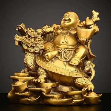 Imagem de FENNYYAR Ornamento de Buda Maitreya de cobre estátua de tartaruga de dragão sentado, 12 cm, decoração de mesa de carro doméstico