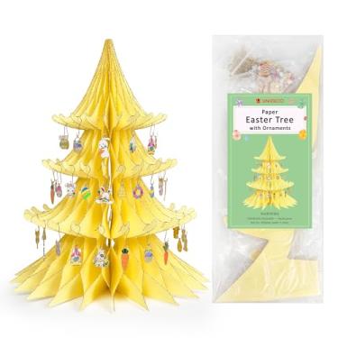 Imagem de Árvore de Páscoa de papel, decorações de árvore de Páscoa de 40 cm com 50 peças de enfeites de coelhinho de ovo, decoração de mesa para casa, aniversário, chá de bebê, festa de primavera (amarelo)