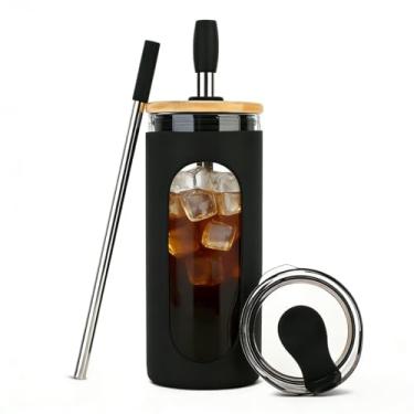 Imagem de Sursip Copo de vidro com 2 tampas e canudo, copo de vidro à prova de derramamento de 590 ml com tampa de bambu e manga de silicone para copo de água de café gelado - preto
