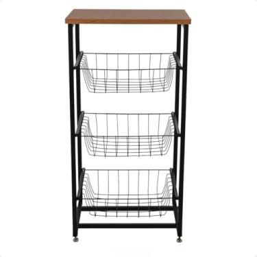 Imagem de Fruteira de Chão para Cozinha 3 Andares Cestos Tampa Suporte Bebedouro Filtro Galão Água Microondas(Preto/Freijó)