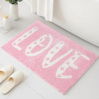 Imagem de Hallswl Tapetes de banheiro para o dia dos namorados, rosa e branco coração adornado macio absorvente tapete de banheiro antiderrapante lavável tapete de banheiro para decoração de cozinha de casa dos