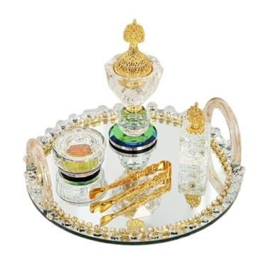 Imagem de porta-vara de incenso Conjunto de queimador incenso vidro cristal 5 peças, atraente conjunto ouro com pinças metal e bandeja espelho, incensário luxo para meditação em spa ioga