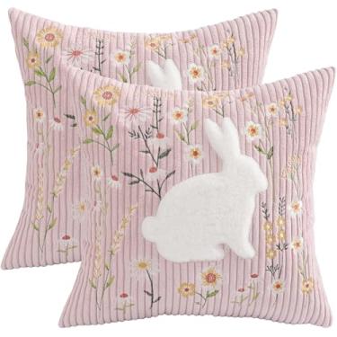 Imagem de Tosleo Capas de almofada de Páscoa 45,7 x 45,7 cm conjunto de 2 capas de almofada de coelho branco e bordado floral rosa decorações de Páscoa fronhas de almofada de veludo cotelê para sofá cama quarto