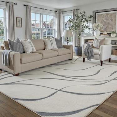 Imagem de HUGEAR Tapete felpudo 12 x 18 cm, cinza e marfim, lavável, para sala de estar, quarto, antiderrapante, macio, tapete grande para casa, escritório, estética, decoração moderna