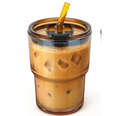 Imagem de Luxfuel Copo de vidro borossilicato de 473 ml com tampa e canudo, copo reutilizável para café gelado, chá e suco, pode ser lavado na lava-louças, ideal para casa, escritório, viagens e uso ao ar livre