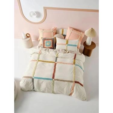 Imagem de Conjunto de capa de edredom Boho Tufted - Conjunto de cama de algodão de 3 peças, capas de edredom bordadas macias e jacquard com fronhas, tamanho Queen/King, fazenda chique gasto, macio e respirável