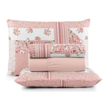 Imagem de Jogo de Cama Casal 4 Peças Micropercal 200 Fios Toque Aveludado com Elástico e Fronhas(Rosa Patch,Casal)
