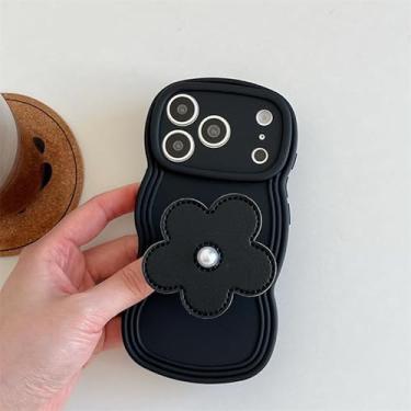Imagem de Capa de telefone com suporte de flores com suporte - linda moldura ondulada grande e design floral de airbag, capa protetora moderna para mulheres e meninas (preta, 17)