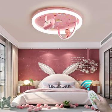 Imagem de Luminária de teto LED rosa com controle remoto, dimerizável, em resina, com design criativo de boneca, ideal para quarto de menina, sala de jantar ou escritório.