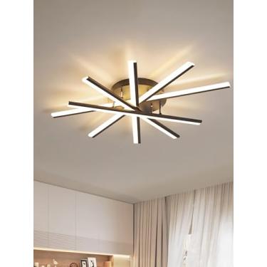 Imagem de Luminária de teto LED moderna com múltiplas lâmpadas, dimerizável e com controle remoto. Design elegante em ferro fundido, ideal para sala de jantar, quarto e escritório (preta, 95 cm).