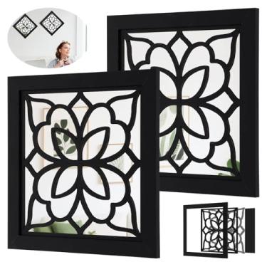 Imagem de 2 peças de decoração de espelho de parede quadrado boho, espelho rústico de 30 x 30 cm, espelhos decorativos de madeira pequenos, espelhos de estilo vintage inquebráveis para entrada, quarto, sala de