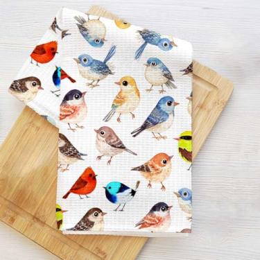 Imagem de Toalhas de cozinha encantadoras de pássaros em aquarela, toalha de prato decorativa de microfibra absorvente, toalhas de mão de waffle para cozinha, casa, banheiro, presentes para amantes de pássaros