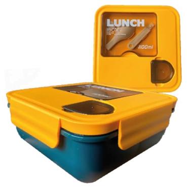 Imagem de Marmita Lunch Box 1100ml com Travas 3 Divisórias, Colher Embutida e Porta Tempero Lancheira Plástica Livre de BPA Teste 3 (Azul c/Amarelo)