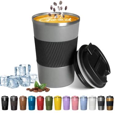 Imagem de YINBAOGE Caneca de café de viagem isolada, à prova de derramamento e vazamento, copo de café de aço inoxidável portátil para acampamento, copo de café térmico reutilizável com tampa para bebidas