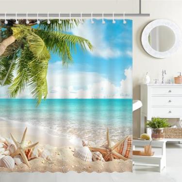 Imagem de Mocsicka Cortina de chuveiro oceano praia verão tropical conchas de praia estrela do mar cortina de chuveiro tecido impermeável praia cortina de chuveiro decoração de banheira com 12 ganchos 182 x 182