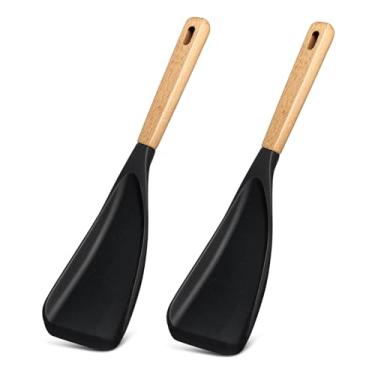 Imagem de Colher de espátula de silicone para panelas antiaderentes, colher de cozinha com cabo de madeira para misturar, colher e servir, sem BPA, design sem costura, preta