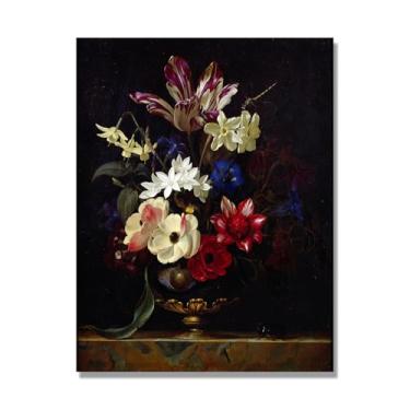 Imagem de NHLDZYH Flores clássicas ainda vida em tela retro buquê de flores pinturas estilo country decoração de parede para cozinha e sala de estar. C01. 80 x 105 cm. Apenas tela