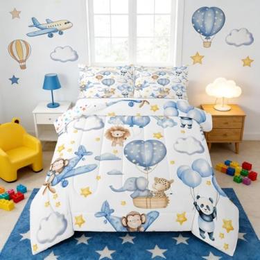 Imagem de Conjunto de cama solteiro com desenho animado, 2 peças, balões azuis, aeronaves, decoração de aeronaves, estrelas amarelas e nuvens, conjunto de edredom com 1 fronha