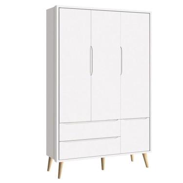 Imagem de Quarto De Bebê Theo 3 Portas Com 02 Berços E Cômoda Gaveteiro Branco Acetinado Pés Madeira Natural - Reller