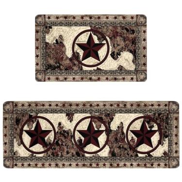Imagem de Kuyuayee Conjunto de 2 tapetes de cozinha Farmhouse Western antifadiga PVC antiderrapante para chão de cozinha rústico decoração de casa tapete lavável de perfil baixo 43 x 123 cm e 43 x 73 cm