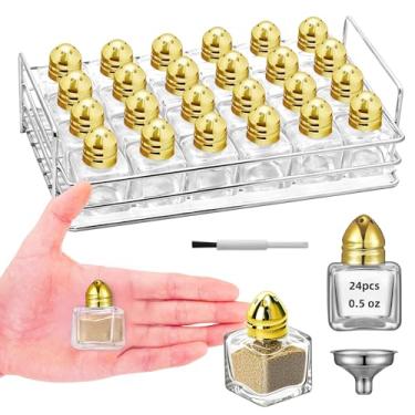 Imagem de 24 potes pequenos em forma de cubo de 14,2 g, pequenos saleiros e pimenteiros de vidro transparente, saleiro de especiarias com funil e rack de armazenamento para festa de casamento, restaurante, casa