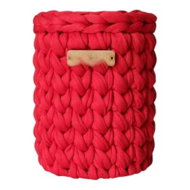 Imagem de Organizador de Mesa Artesanal em Crochê com Base de Madeira - Porta-Lápis Caneta Cachepô Multiuso para Ambientes Organizados (Vermelho)