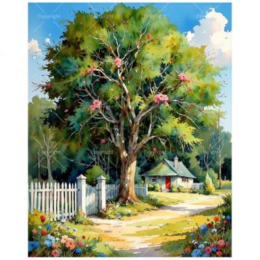 Imagem de Kit de pintura de jardim country por números para adultos – Árvore e chalé DIY com pintura de cerca branca em tela 40,6 x 50 cm, conjunto de tinta acrílica, adequado para iniciantes, arte para
