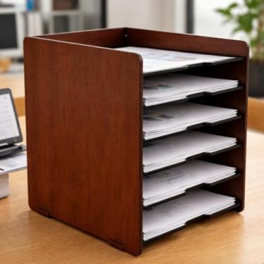 Imagem de Organizador de Escritório Mesa MDF para Papéis e Documentos A4 Suporte com 6 Divisórias Prateleira Arquivo – Universo do MDF (Marrom)