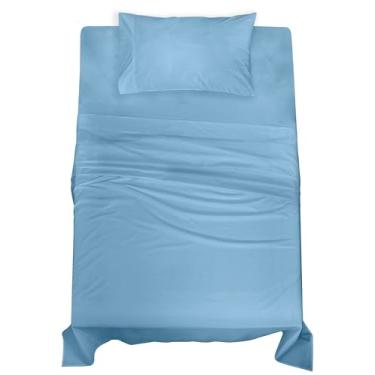 Imagem de Royale Linens Jogo de lençol solteiro GG 100% algodão orgânico - tecido percal - Conjunto de 3 peças - 1 lençol de cima, 1 lençol de elástico com bolso profundo e 1 fronha - Lençóis de cama azul lago