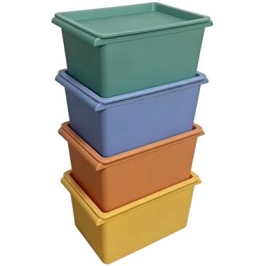 Imagem de Taiuloo Pacote com 4 caixas de armazenamento empilháveis com tampas, brinquedo de plástico de 5 litros, caixa organizadora de arte e artesanato - Recipientes de armazenamento coloridos para sala de