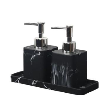 Imagem de Dispensadores de sabonete, elegante, com textura de mármore, conjunto com 2 dispensadores de sabão de resina e 1 bandeja conjunto de acessórios de banheiro para cozinha, banheiro (preto, 380 ml)