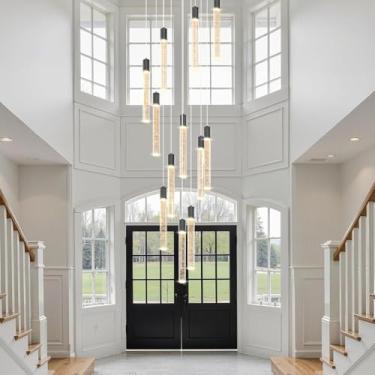 Imagem de Lustre de cristal grande em espiral com luminária pendente LED em formato de bolha de cristal K9, barra de luz longa, iluminação moderna para tetos altos, luminária redonda regulável para en