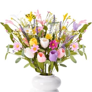 Imagem de Worthyeah Pacote com 6 decorações de primavera para casa, 4 cores de flores artificiais para decoração, 43 cm flores artificiais para decoração com tulipas, margaridas e forsítia para decoração de