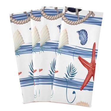 Imagem de Wassud Toalhas de cozinha de estrela do mar e concha listradas panos de prato de cozinha pacote com 4 panos de prato macios com laço para pendurar toalha de mão de secagem rápida super absorvente